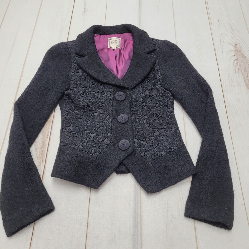 Vintage Nanette Lepore retro wool black lace brocade front rose blazer jacket 2